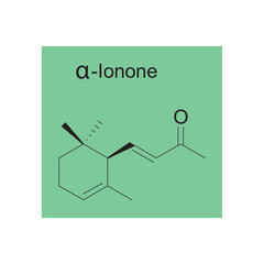 α-Ionone skeletal structure diagram.Monoterpenoid compound molecule scientific illustration on green background.