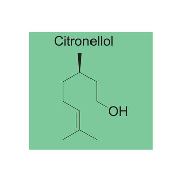 Citronellol skeletal structure diagram.Monoterpenoid compound molecule scientific illustration on green background.