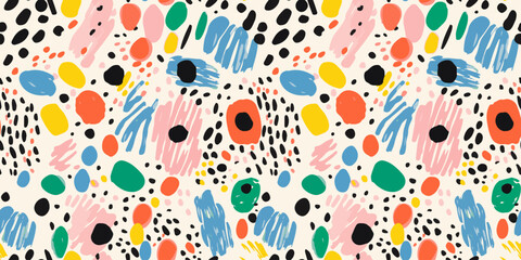 Colorful abstract hand drawn doodle seamless pattern. Creative children drawing background illustration. Contemporary art paint texture print. Simple primary color shape cartoon wallpaper design.
