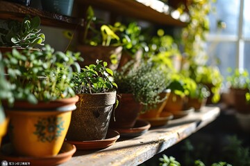 A variety of potted plants on a wooden shelf.