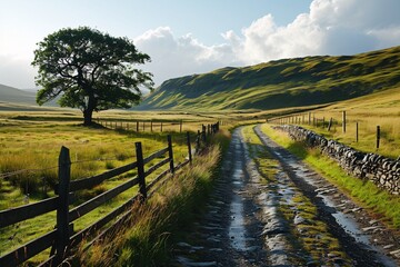 A scenic country road surrounded by a lush green field and a fence