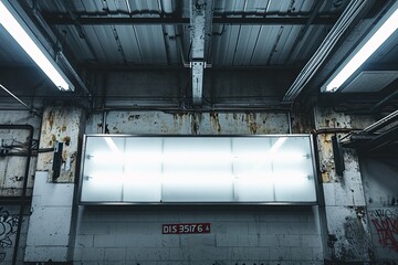 A white sign with red letters in a dirty garage - obrazy, fototapety, plakaty