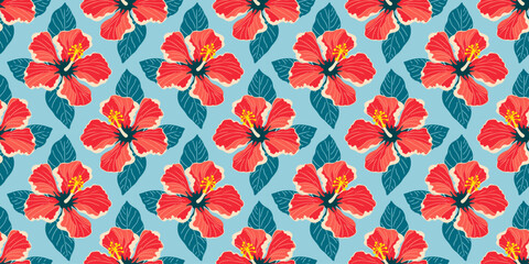 Hibiscus flower art seamless pattern illustration. Tropical hawaiian nature floral background in vintage art style. Beach season painting print. - obrazy, fototapety, plakaty