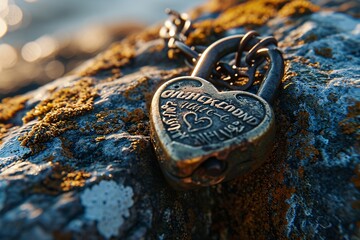 A heart-shaped lock on a rock.
