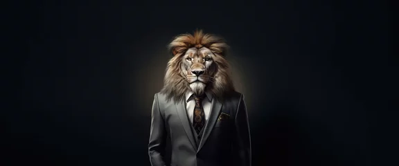 Poster realistic lion director, boss in elegant business suit, white shirt  tie. Large portrait on dark background, horizontal orientation of the postcard. business concept. Commercial banner. © Irina