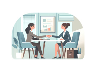 happy businesswoman manager handshaking office meeting smiling female HR hiring recruit at job interview bank insurance contract deal client work illustration