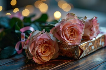 Pink Roses in a Gold Box