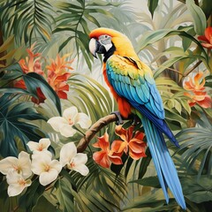 A tropical parrot perched on a swaying palm frond, surrounded by lush foliage and exotic flowers.