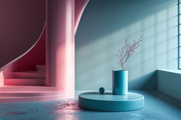 A blue vase with a pink and blue background