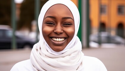 Portrait of beautiful african muslim woman in hijab smiling at camera outside - obrazy, fototapety, plakaty