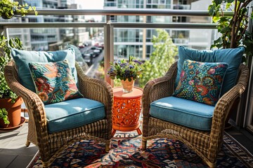 A cozy outdoor seating area with colorful pillows and a vase of flowers