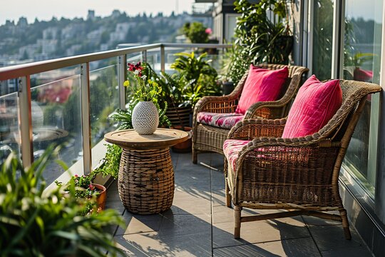 A Patio with Wicker Furniture and Plants