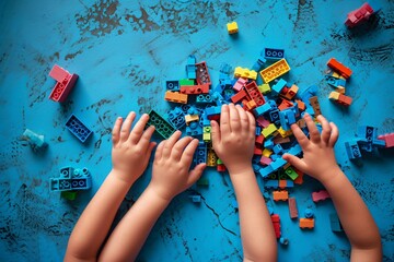 Two Hands Playing with Legos on a Blue Table