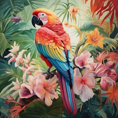 A tropical parrot perched on a swaying palm frond, surrounded by lush foliage and exotic flowers.