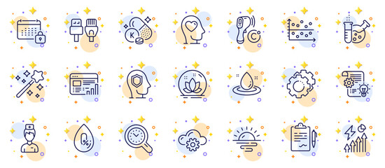 Outline set of Vitamin k, No alcohol and Time management line icons for web app. Include Mental health, Cloud computing, Sunrise pictogram icons. Cogwheel, Calendar, Computer cables signs. Vector