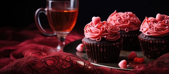 Heart-shaped chocolate cupcakes topped with pink frosting, served alongside strawberry milk on a red lace doily with forks. - obrazy, fototapety, plakaty