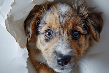 A brown and white dog peeking out from a white paper bag