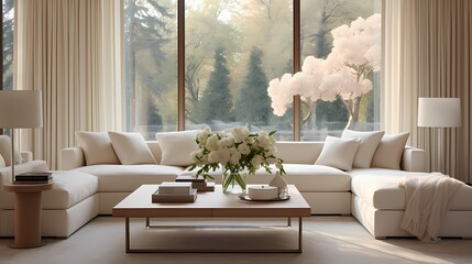 A serene living room featuring a cream-colored sectional sofa, a marble-top coffee table, and large windows adorned with sheer white curtains, allowing natural light to flood the space.