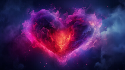 Heart shaped smoke, Cyber ​​neon colors, futuristic smoke and fog heart on dark background, Ai generated image - Powered by Adobe