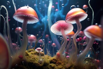 Fototapeta na wymiar Beautiful and colorful mushrooms. Vivid magic mushroom forest. Psychedelic mushrooms radiating a magical, surreal energy