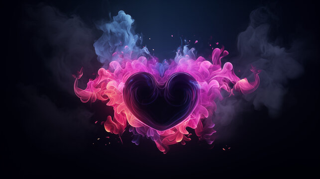 Heart shaped smoke, Cyber ​​neon colors, futuristic smoke and fog heart on dark background, Ai generated image