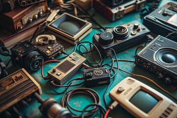 A collection of old electronic devices and cameras. - obrazy, fototapety, plakaty