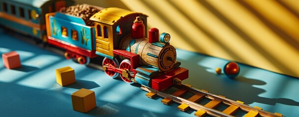 A wooden toy train on a track.