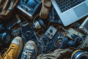 A cluttered workspace with a laptop, cell phone, and various electronic equipment - obrazy, fototapety, plakaty