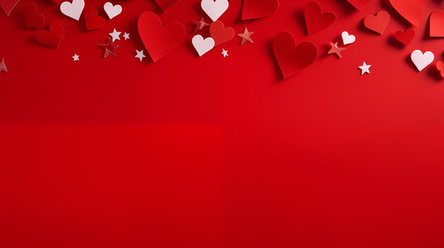 Red heart shaped confetti, Red background with hearts, stars and copy space top view, Ai generated image