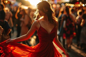 A woman in a red dress dancing in the sunlight