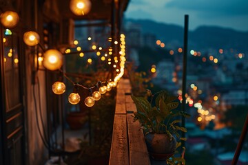 A beautiful night view of a city from a balcony with lights and plants