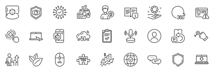 Fototapeta na wymiar Icons pack as 5g cloud, Security network and Person idea line icons for app include Dots message, Phone message, Organic product outline thin icon web set. Shield, Portable computer. Vector