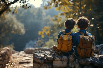 Two boys sitting on a rock with backpacks - obrazy, fototapety, plakaty