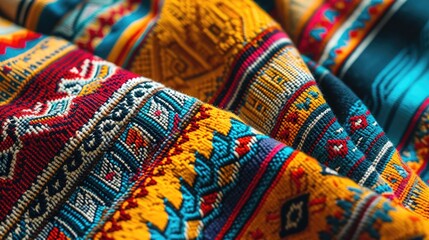 Traditional Mexican Textile: Vibrant Herringbone, Zigzag, and Striped Fabric Background