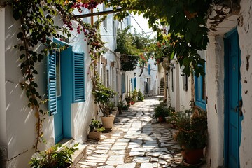 A narrow alleyway with white buildings and potted plants
