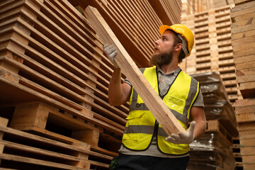 Caucasian business or craft man checking and holding timber with stock timber and pallet wood background at wood factory	