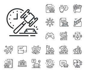 Bid offer sign. Floor plan, stairs and lounge room outline icons. Auction hammer line icon. Lot was sold symbol. Auction hammer line sign. House mortgage, sell building icon. Real estate. Vector
