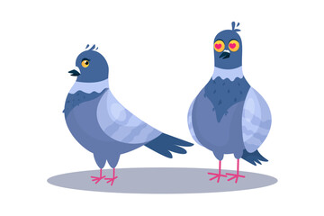 Cute couple of pigeons. female and male birds in love stand together. couple of cute animals isolated on white in funny cartoon style