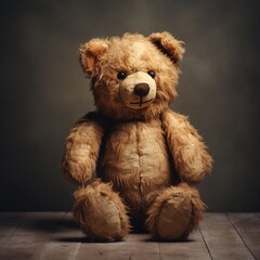 A vintage-style teddy bear with stitched features, standing gracefully against a neutral background.