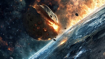 A dramatic space scene with a meteor crashing into a planet