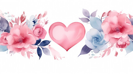 Template with watercolor flowers and hearts, Valentine's Day background