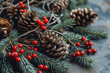 Natural Christmas Decorations with Pine Cones, Red Berries, and Pine Tree Branches