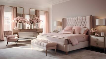 A sophisticated bedroom with blush pink accents, a tufted bed, mirrored nightstands, and a luxurious vanity area with soft, flattering lighting.