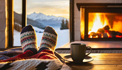 Cozy afternoon relaxing in front of a burning fireplace during the winter with beautiful snowy mountain views in the background - obrazy, fototapety, plakaty
