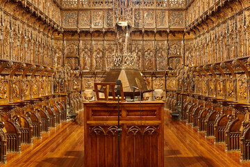 Cathedral interior in Zamora. Religious wooden choir stalls. Castilla León - obrazy, fototapety, plakaty