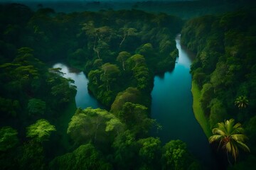 Naklejka na ściany i meble Aerial photo of river in amazon rainforest jungle in