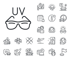 Sun eyewear sign. Plane jet, travel map and baggage claim outline icons. Sunglasses line icon. Uv protection glasses symbol. Sunglasses line sign. Car rental, taxi transport icon. Vector