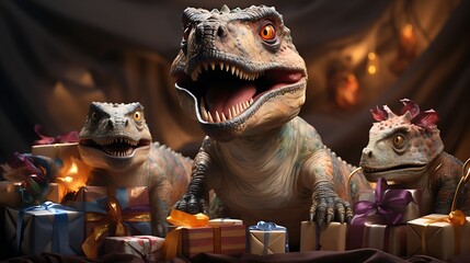 dinosaurs among pastel gifts in cozy living room