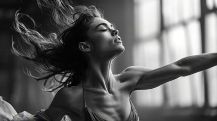 A Woman in a Leotard Dancing With Her Arms Outstretched