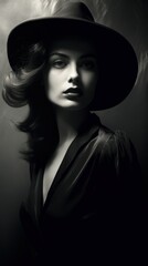  vertical portrait in black and white of a young woman brunette with long hair of European appearance in a noir style in a dress and hat. concept vintage, retro, magazine, fashion, 